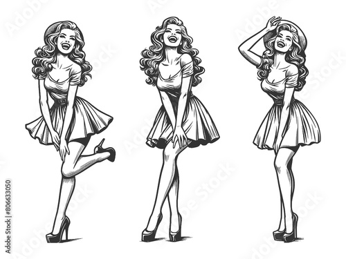 pin-up women, each displaying unique poses and fashionable dresses sketch engraving generative ai fictional character raster illustration. Scratch board imitation. Black and white image. © Oleksandr Pokusai