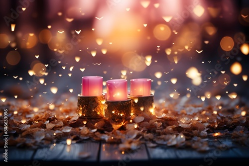 Candles in autumn leaves on a wooden table. Bokeh background