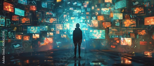 A creative depiction of multiple screens displaying social media feeds, news, and messages around a person, visualizing the overload of digital information photo