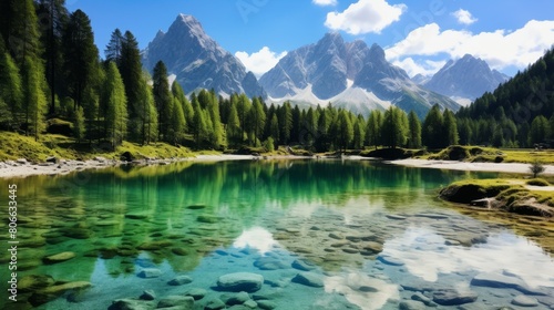 Serene mountain lake with crystal clear water and reflection