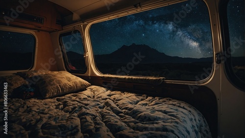 Dreamy view from camper van bed at night photo