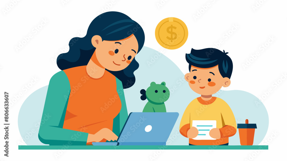 A parent and child working on a financial budget together considering the option of a Parent PLUS loan to cover education costs.. Vector illustration A parent and child working on a financial budget together considering the option of a Parent PLUS loan to cover education costs.. Vector illustration