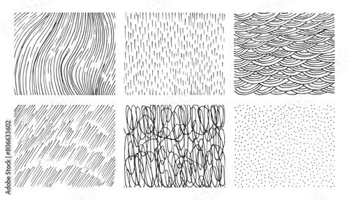 Trendy hand drawn ink patterns, scribbles, pen sketch, grunge shapes. Scratch patterns for texturing, shadows, brushes. Abstract  vector backgrounds