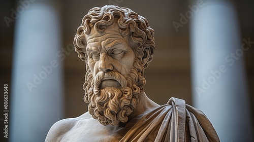 ancient greek statue of philosopher with curly hair and beard