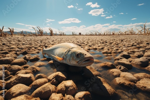 Dried up lake bed with a stranded fish