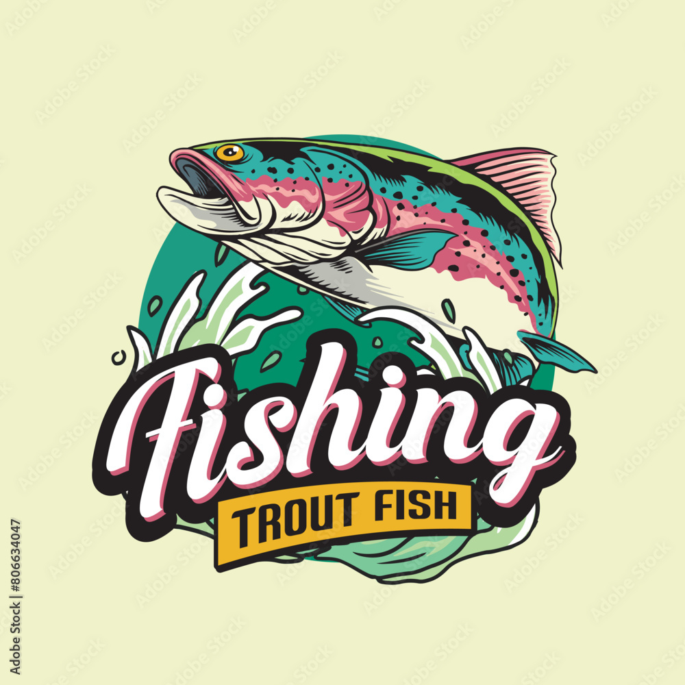 Vector Illustration of Rainbow Trout Fish and Waves with Vintage Illustration Available for Fishing Badge