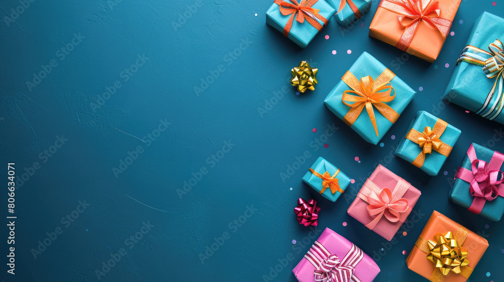 card with random colors gift boxes on background arranged in a flat lay top view and text space