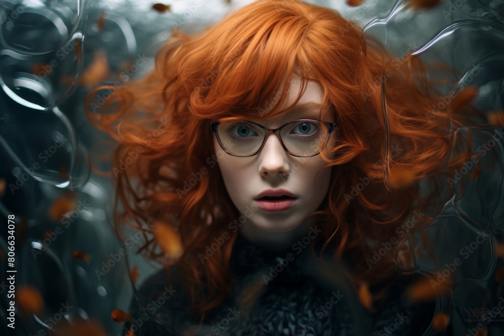 Fototapeta premium Mysterious redhead woman with glasses and curly hair