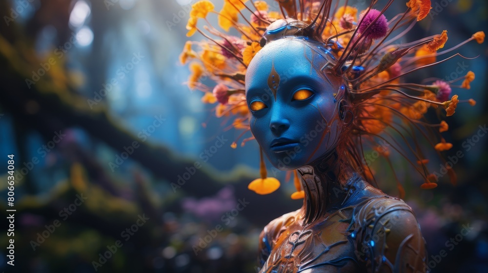 Surreal blue alien creature with colorful floral accents