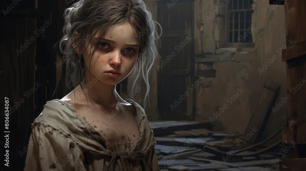 Fototapeta premium Mysterious young woman with disheveled hair in an old, dilapidated building