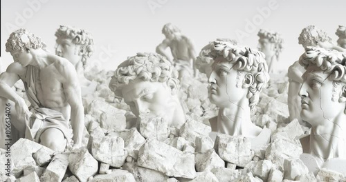 Loop animation paralax 4k video. Destroyed antique statues background.