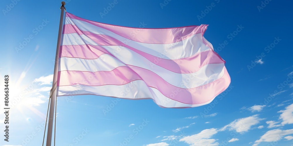 Colorful transgender pride flag waving against blue sky