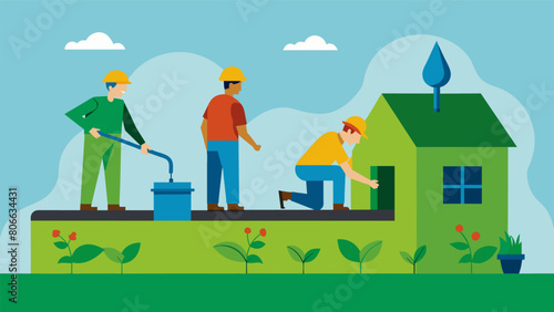 The construction crew installs a drip irrigation system to ensure proper watering and maintenance of the green roof.. Vector illustration