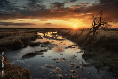 Dramatic sunset over a tranquil wetland landscape