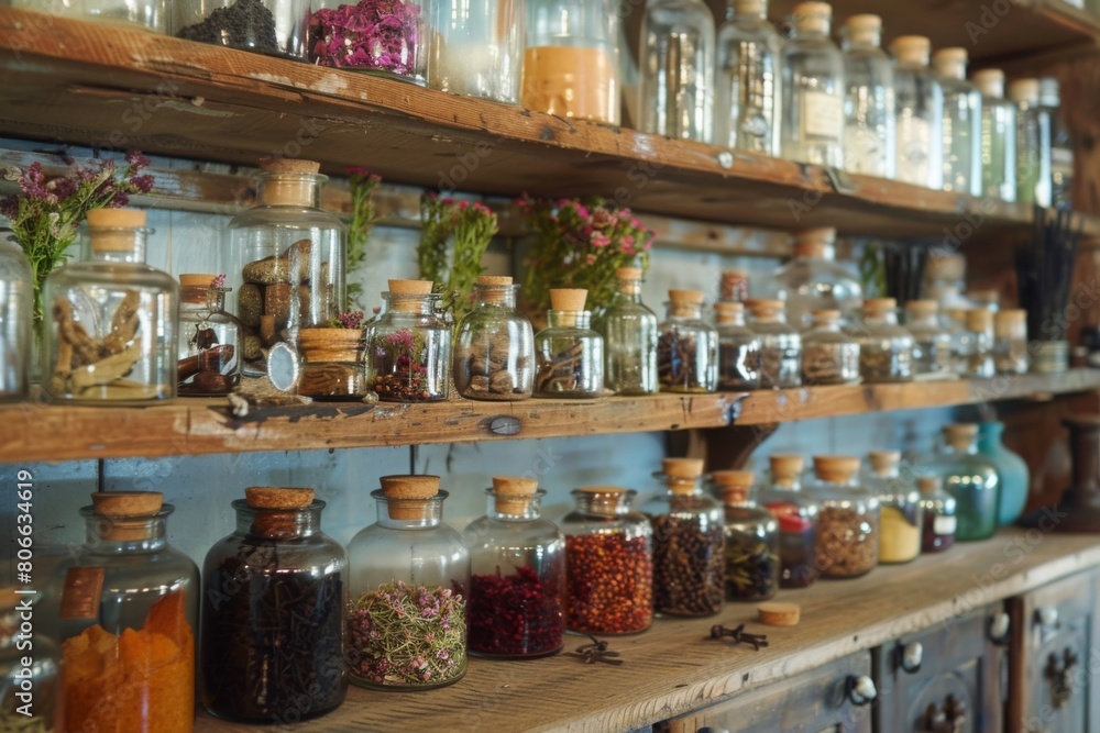 vintage glass bottles and jars filled with colorful herbs and spices