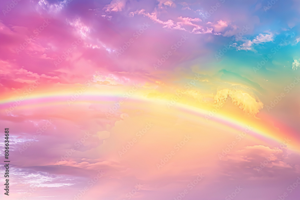 Fototapeta premium Generative ai on theme of beautiful tranquil landscape with magical bright rainbow at cloudy sky