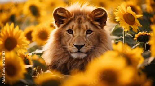 majestic lion surrounded by vibrant sunflowers