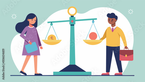 A metaphorical scale with one side weighing down with coins and bills representing female students while the other side is much lighter with male. Vector illustration