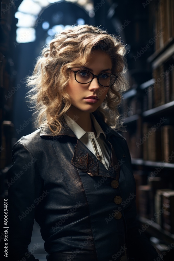Curly-haired woman in glasses and leather jacket