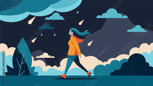 An individual walking through a storm unfazed and at peace signifying the power of inner liberation.. Vector illustration