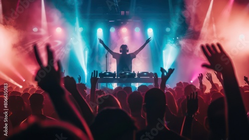 Dj playing on stage with huge party crowd in front created with Generative AI
