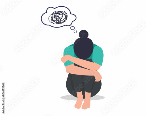 Sad and depressed girl sitting on the floor suffers from mental health disease vector illustration