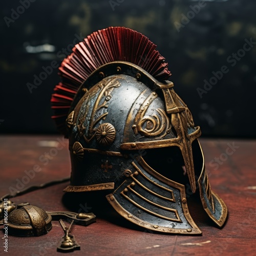 Ornate ancient warrior helmet with red plume