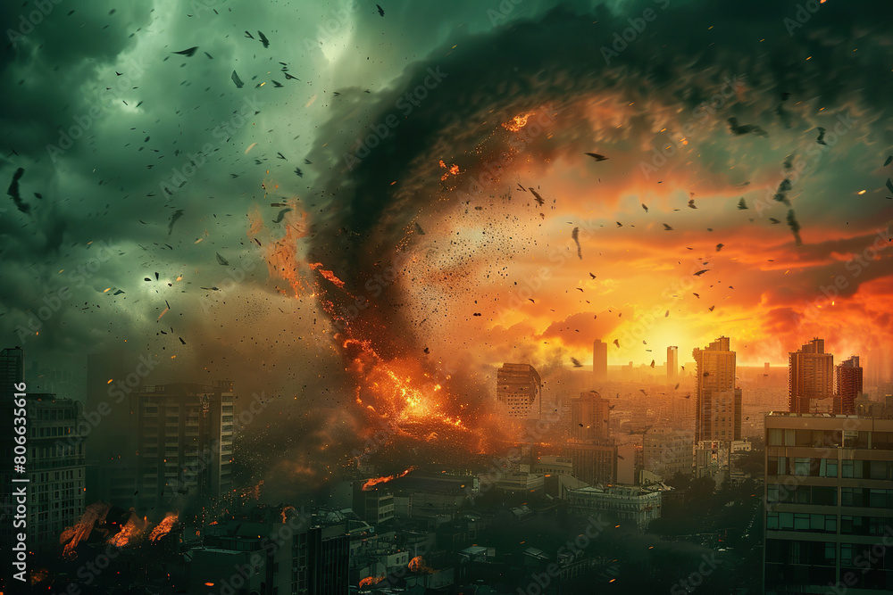 Generative ai on theme of scary huge hurricane fire tornado, apocalyptic dramatic background Generative ai on theme of scary huge hurricane fire tornado, apocalyptic dramatic background