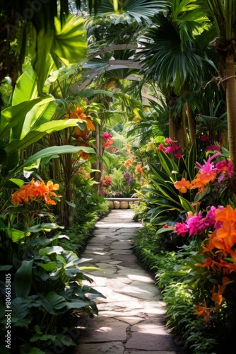 lush tropical garden path with vibrant flowers