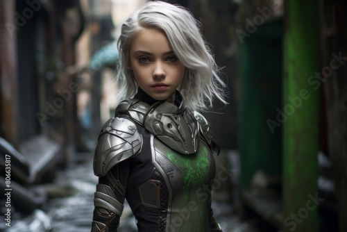 futuristic female warrior in dark armor