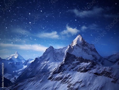 Majestic snowy mountains under a starry night sky