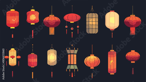 Set of chinese lamps icons Vector illustration. vector