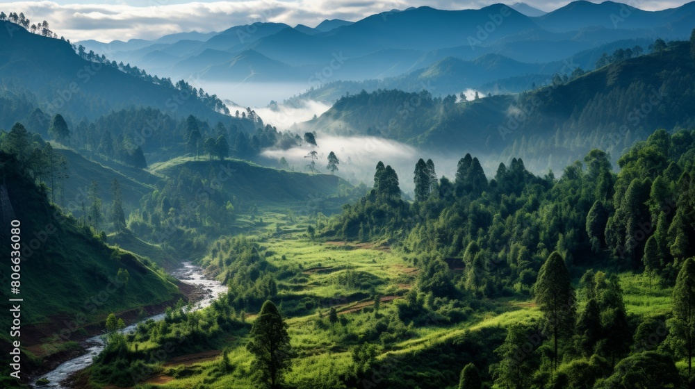 Majestic mountain landscape with lush green forests and misty valleys