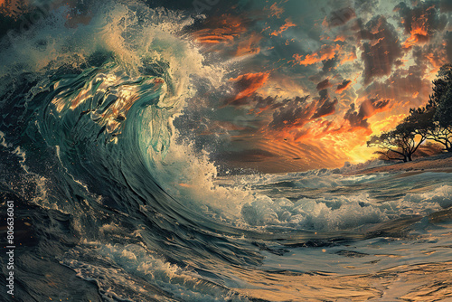 Generative ai on theme of a scary tsunami with huge foamy wave  apocalyptic dramatic background