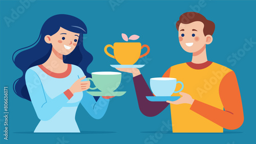 The couple squeals with delight as they score a set of mismatched yet charming teacups for their next tea party.. Vector illustration