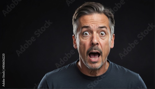 handsome middleaged man surprised amazed expression on suprised amazed expression on plain black background from Generative AI