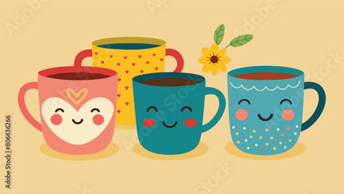 A set of handpainted ceramic mugs each one showcasing a different whimsical design adds charm and character to your morning cup of coffee.. Vector illustration