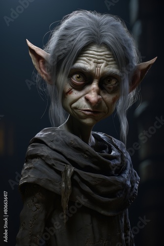 Creepy fantasy creature with wrinkled face and pointed ears