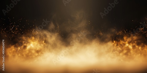 Gold smoke empty scene background with spotlights mist fog with gold glitter sparkle stage studio interior texture for display products blank 