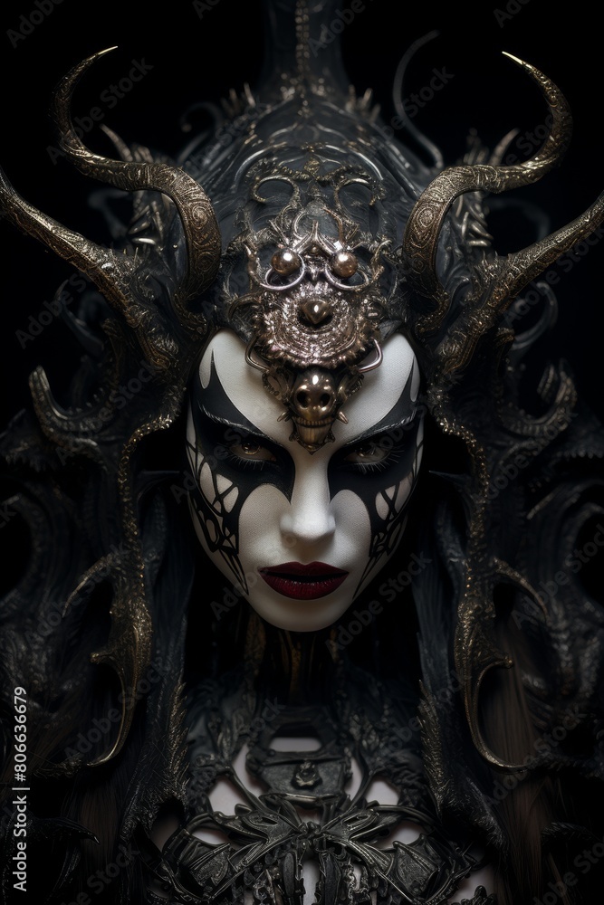 Ornate Demonic Mask with Horns and Dark Makeup Ornate Demonic Mask with Horns and Dark Makeup