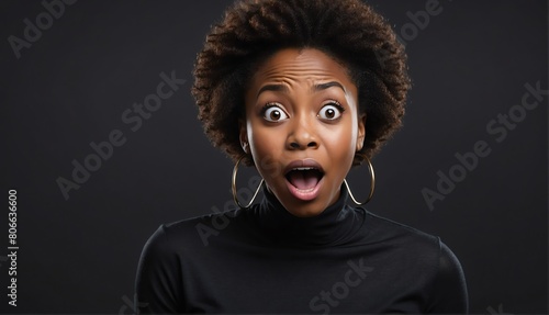 beautiful black african woman surprised amazed express suprised amazed expression on plain black background from Generative AI