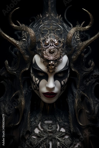 Ornate Demonic Mask with Horns and Dark Makeup