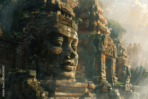 Ancient temple complex shrouded in mist with stone statues and mythical creatures. photo