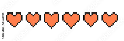 Pixel heart set in retro style. Vintage love symbol, different shapes hearts, 8 bit pixel art for computer game.