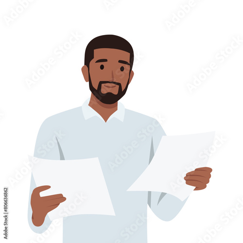 Young man looking through paper documents, satisfied with research results. Flat vector illustration isolated on white background