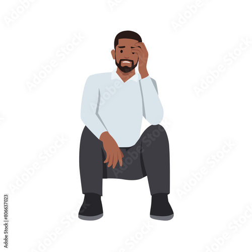 Young black man in business clothes tired, jobless worried problem economic. Flat vector illustration isolated on white background