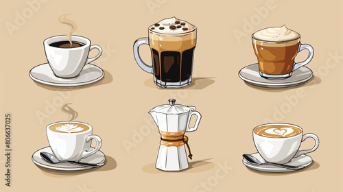 Set of six coffee items Vector illustration. Vector style