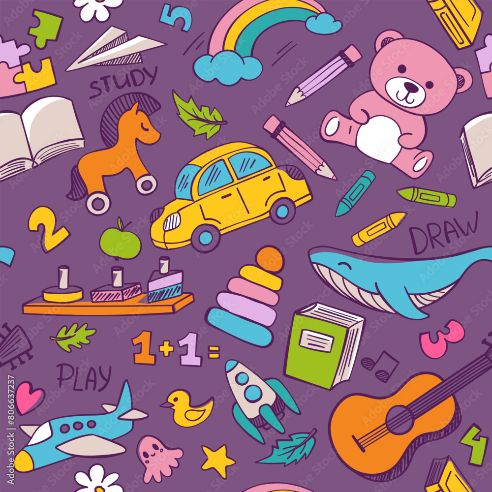 Obraz premium Seamless pattern for children with wooden toys and games. Educational and learning logic toys for preschool kids. Montessori system for early childhood development, sorters. Vector Illustration 