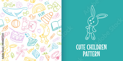 Preschool kindergarten doodle seamless pattern. Educational toys, kids activities, doodle drawing, line art. Children vector illustration