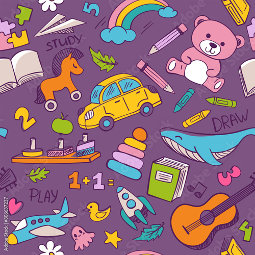 Seamless pattern for children with wooden toys and games. Educational and learning logic toys for preschool kids. Montessori system for early childhood development, sorters. Vector Illustration 